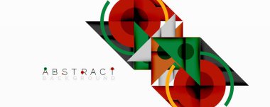 Üst üste binen üçgenler, daireler ve gradyanlarla soyut geometrik bileşim, merkezi dairesel dizayn ve metin