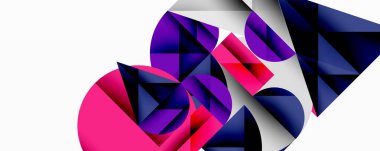 Üst üste binen daireler ve gradyanlarla soyut geometrik çizimler, daire kare üçgen şekilleri arka plan şekilleri keskin açısal kesikler, pürüzsüz gölgeleme ve yapılandırılmış katman bileşimi