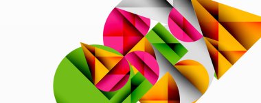 Kesişen daireler, üçgenler, kareler ve keskin açılarla soyut geometrik tasarım gradyan, derinlik ve kontrast içeren katmanlı bir bileşim yaratır.