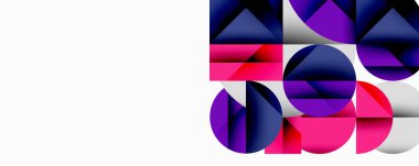 Üst üste binen daireler ve gradyanlarla soyut geometrik çizimler, daire kare üçgen şekilleri arka plan şekilleri keskin açısal kesikler, pürüzsüz gölgeleme ve yapılandırılmış katman bileşimi