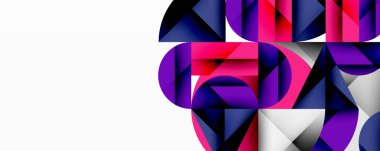 Üst üste binen daireler ve gradyanlarla soyut geometrik çizimler, daire kare üçgen şekilleri arka plan şekilleri keskin açısal kesikler, pürüzsüz gölgeleme ve yapılandırılmış katman bileşimi