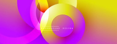 Katmanlı dairesel şekiller canlı renklerde, düzgün geçiş, derinlik efektleri ve modern, fütürist estetiğe sahip, gradyan açısından zengin soyut bir tasarım oluşturur.
