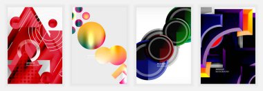 Küreler, halkalar, üçgenler içeren soyut posterler, ve kırmızı, altın, yeşil ve mor renkli koyu geometrik formlar, eğim, derinlik efektleri ve katmanlı kompozisyonlar