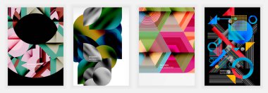 Çemberler, üçgenler ve ızgara çizgileri siyah, pembe, yeşil, gümüş ve mavi ile metalik ve neon gradyan içeren dört soyut poster.