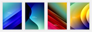 Yumuşak kıvrımlı formlar, çapraz katmanlar ve minimum arkaplan üzerinde ince ışıklandırma içeren mavi, kırmızı, sarı ve yeşil eğimli dört soyut poster