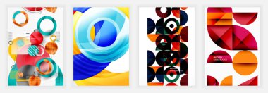 Üst üste binen daireler, segmentler ve kırmızı, mavi ve sarı gibi kalın renklerde kavisler, harmanlanan dokular, eğimler ve derinlik efektleri içeren parlak soyut poster serisi.