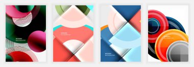 Kırmızı, pembe, mavi ve sarı gibi canlı renklerde kalın daireler, küpler ve geometrik desenlere sahip modern soyut posterler, harmanlayıcı eğimler, simetri ve kontrast