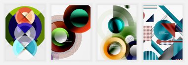 Yeşil, mavi, kırmızı ve altın renkli katmanlı dairesel şekiller, çizgiler ve geometrik yapılar içeren dört soyut poster parlak grafikler ve modern minimalist arkaplanlar