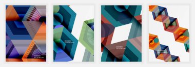 Mavi, turuncu ve yeşil tonlarda gradyan içeren ve derinlik, hacim ve optik yanılsamalar yaratan izometrik 3D küpleri ve katmanlı altıgen şekilleri içeren dört soyut poster.