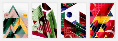 Katmanlı üçgenler, noktalar ve kırmızı, yeşil, sarı ve beyaz daireli dört soyut poster. Kalın gradyanlar, köşegen çizgiler ve geometrik kompozisyon dinamik derinlik yaratıyor.