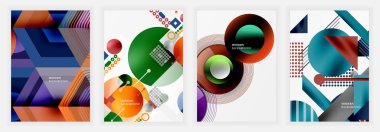 Çemberler, altıgenler, çizgiler ve parlak turuncu, yeşil, mavi ve kırmızı katmanlı beyaz arka planlı oklar içeren dört soyut poster.