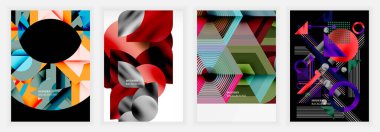 Daireler, piramitler ve kırmızı, siyah, mor ve desenlerle katmanlanmış gök mavisi renkleri içeren dört soyut poster.