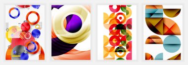 Kırmızı, turuncu, mor, yeşil, mavi ve altın renkli dört soyut poster, kalın örtüler, geometrik kompozisyonlar, ve saydam gradyanlar beyaz arka planda