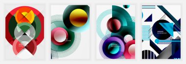 Kırmızı, yeşil, sarı, mavi ve siyah renkli dairesel ve açısal şekillere sahip dört soyut poster parlak gradyan, şeffaf katman ve hassas modern katmanlar içeriyor.