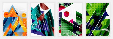 Katmanlı geometrik şekillere, gradyanlara ve yeşil, mavi, turuncu ve kırmızı tonlarda noktalı desenlere sahip dört soyut poster, üçgenler, daireler ve köşegen çizgiler