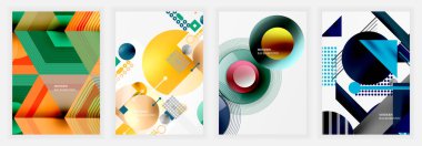 İçinde yeşil, altın, kırmızı ve mavi tonlarda katmanlı grafikler ve gelecekteki grafik düzenlerinin yer aldığı geometrik şekilli dört adet poster.