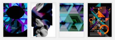 Küre, üçgen ve optik illüzyonları içeren soyut posterler keskin görsel derinlik katmanlı koyu mor, cyan, gümüş ve turuncu tonlarda.