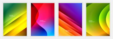 Canlı sarı, kırmızı, mavi, yeşil ve mor tonlarda kıvrımları akan katmanlı ve soyut posterler, yumuşak ışık, hareket ve yüzeyler boyunca yumuşak geçişleri harmanlayan