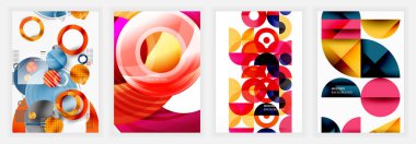 Renkli daireler, kavisler ve turuncu, kırmızı, pembe ve mavi tonlarda segmentler içeren soyut posterler, gradyanların, katmanların ve geometrik görsel ritmin birleşimi