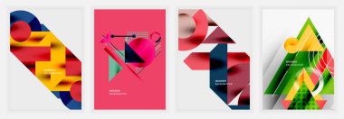 Kırmızı, sarı, mavi, yeşil ve pembe tonlarda geometrik şekilleri birleştiren dört soyut poster, içinde oklar, daireler, üçgenler ve katmanlı derinlikler yer alıyor.