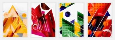 Kalın üçgen şekiller, noktalı desenler, canlı gradyanlar ve geometrik arkaplanlar üzerine düzenlenmiş köşegen beyaz çizgiler içeren dört soyut posterden oluşan bir set.