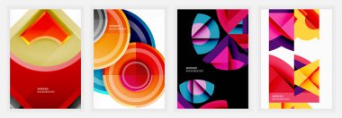Eşmerkezli daireler, keskin üçgen segmentler ve hem beyaz hem de siyah arkaplan üzerinde parlak gradyan içeren koyu geometrik katmanlı renkli posterler.