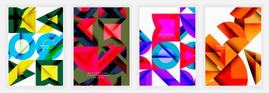 Kareler, daireler, üçgenler, canlı sarı, kırmızı, mavi, morumsu ve modern gradyanlarla üst üste binen geometrik şekilleri içeren kalın ve soyut posterler.