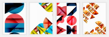 Kırmızı, mavi, sarı ve siyah tonlarda keskin geometrik şekillere sahip modern soyut posterler, dinamik optik derinlik ve karşıtlık yaratmak için beyaz arkaplan üzerine yerleştirilmiş