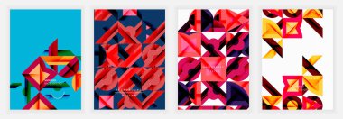Canlı arka planlarda kırmızı, turuncu, pembe ve koyu mavi şekilli modern geometrik posterler, dinamik yinelemeleri, kalın kontrast ve kesişen açıları gösteriyor