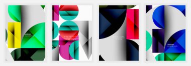 Canlı daireye sahip geometrik modern posterler ve yeşil, kırmızı, sarı, siyah ve mavi gradyantlarla kaplanmış dikdörtgenler açık gri ve beyaz arka planlara karşı dizilmiş.