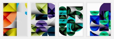 Daireleri, üçgenleri ve dikdörtgenleri zengin eğimlerle birleştiren soyut posterler ve temiz beyaz zemin üzerinde yeşil, sarı, mor ve mavi tonlarda koyu gölgeler.