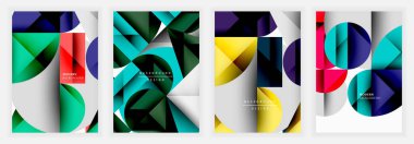 Temiz gri-beyaz arkaplan üzerinde yeşil, kırmızı, sarı, mavi ve menekşe elementlerinden oluşan koyu geometrik soyutlamaların yer aldığı modern posterler.
