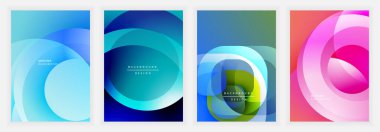 Mavi, yeşil ve pembe tonlarında şeffaf dairesel biçimlere sahip modern soyut posterler üst üste binen eğimler ve yumuşak kenarlarda derinlik yaratıyor.