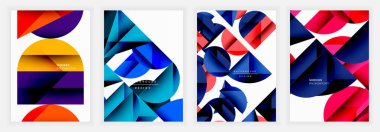 Kesişen yarı daireler, üçgenler ve katlanmış şekillerle dinamik geometrik posterler temiz beyaz arka planda kırmızı, deniz ve elektrik mavisi tonlarda.