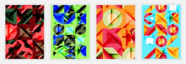 Cesur geometrik desenlere sahip renkli soyut posterler, kırmızı, yeşil, mavi ve turuncu renkli canlı arkaplanlar, dinamik enerjili simetrik modern tasarım sergiliyor.