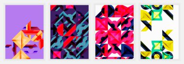 Menekşe, kırmızı, sarı, turkuaz ve siyah katmanlı kareler, daireler ve dinamik kesişimlerde koyu geometrik desenlere sahip soyut posterlerin derlenmesi