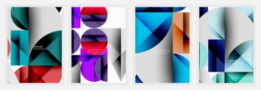 Katmanlı şeffaf şekillere sahip renkli geometrik soyut arkaplanlar, keskin köşegen parçaları, düz fütüristik tarzda dairesel ve dikdörtgen elementler