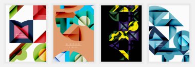 İçinde üçgenler, daireler ve katlanmış kağıt şekillerinin bulunduğu renkli soyut posterler koyu ve açık arkaplan üzerinde kırmızı, yeşil, mavi ve sarı