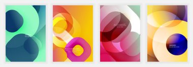 Üstüste binen şeffaf halkalar ve yuvarlak formlarla modern kompozisyonlar yeşil, sarı, pembe, kırmızı, mavi ve bej gibi yumuşak eğimli formlar dinamik denge yaratıyor.