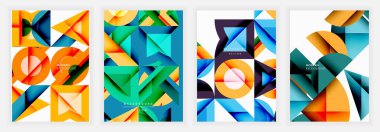 Keskin katmanlı şekiller içeren parlak geometrik posterler, mavi, yeşil, turuncu ve sarı tonlarda canlı gradyanlar, modern ve dinamik soyut bir görünüm yaratıyor.