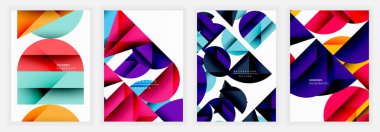 Üst üste binen yarı daireler, üçgenler ve koyu kırmızı, mavi, mor ve deniz mavisi gradyanlı trapezoidlerle Geometrik soyut çizimler çarpıcı modern yerleşimler oluşturur.