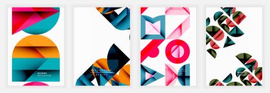 Yarı daireler, üçgenler ve parlak minimalist arka planlarda dinamik bir şekilde sıralanmış canlı cyan, turuncu, kırmızı ve siyah şeklinde katlanmış şekillerle kalın geometrik düzenler.