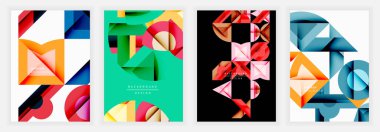 Kırmızı, turuncu, yeşil, mavi tonlarda, beyaz, siyah ve nane arkaplan üzerinde geometrik elementler, daireler ve katlanmış şekiller içeren renkli soyut posterler.