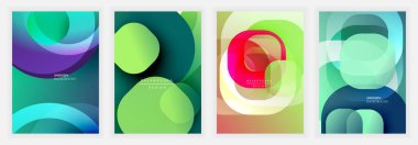 Yuvarlak şekilli ve yeşil, mavi, kırmızı ve mor tonlarda katmanlı şeffaflık içeren minimum soyut kompozisyonlar modern bir akışkan ve uyumlu bir görsel stil yaratıyor.