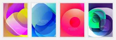 Üst üste binen yumuşak daireler, gradyanlar ve pembe, sarı, mavi, kırmızı, yeşil ve menekşe tonlarında yumuşak şekiller içeren renkli soyut posterler.