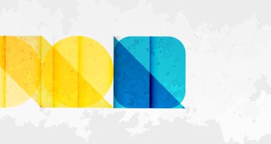 Parlak sarı, mavi şekiller soyut harf oluşturur. Dokulu yüzey, beyaz arkaplan. Modern tasarım, basit kompozisyon. Minimalist estetik.