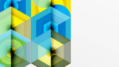 Soyut geometrik bileşim. Çizgiler katmanlı şekiller yaratır, canlı renkler harmanlanır. Modern tasarım, dinamik doku, temiz estetik.