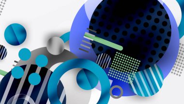 Soyut geometrik şekiller çakışıyor. Mavi, yeşil, gri tonlar modern tasarım yaratır. Çemberler, çizgiler, noktalar dinamik bileşim oluşturur. Minimalist estetik.