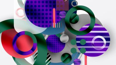 Soyut kompozisyon. Üst üste binen daireler, çizgiler, noktalar dinamik görsel deneyimler yaratır. Canlı renkler, modern tasarım, geometrik şekiller.