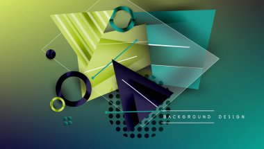 Soyut geometrik bileşim. Üst üste binen şekiller, canlı renkler, gradyanlar dinamik görsel deneyimler yaratır. Modern tasarım elementleri, temiz çizgiler, sanatsal ifade.